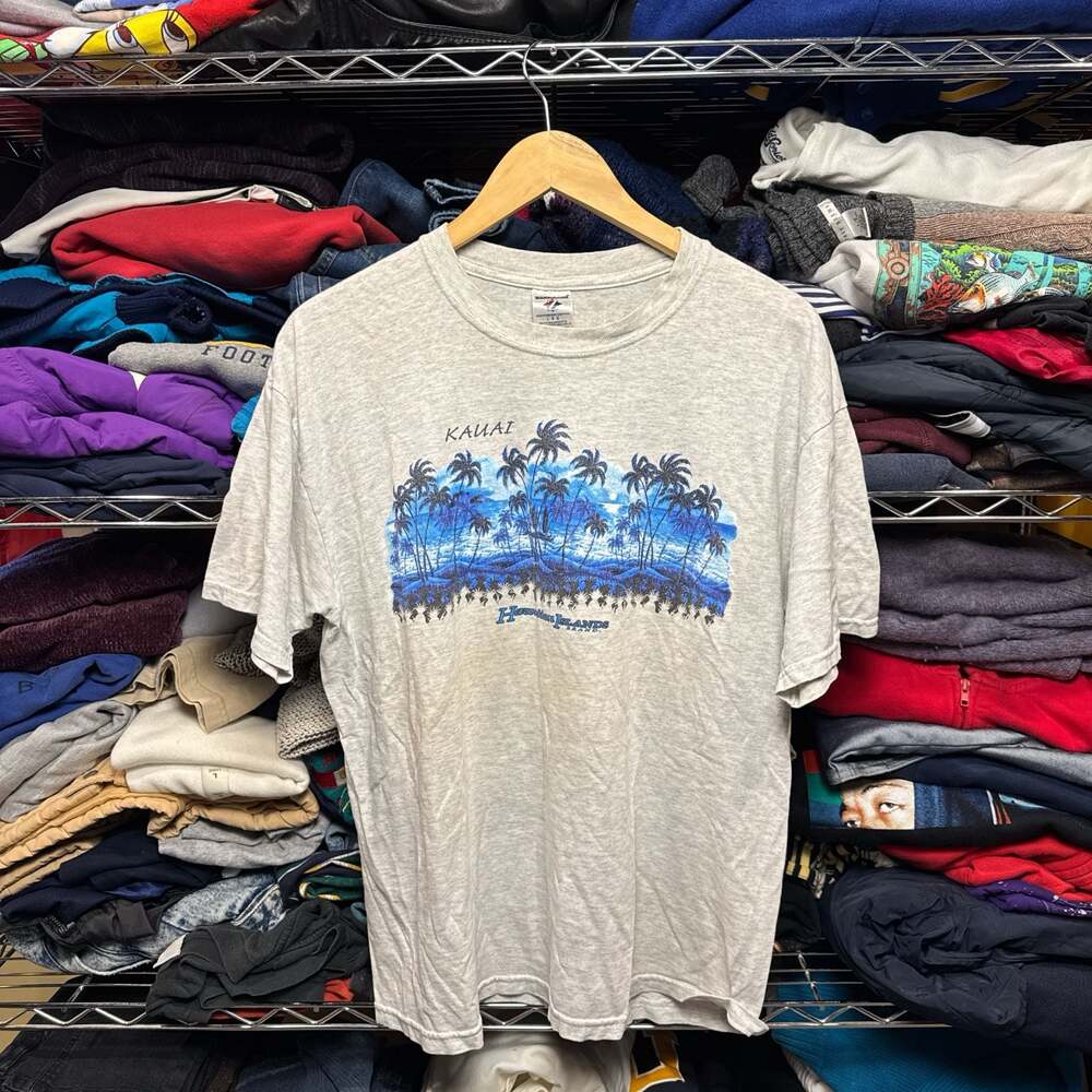 Vintage Hawaiian Islands Brand Kauai Hawaii Palm Tree Graphic T-Shirt Grey Large